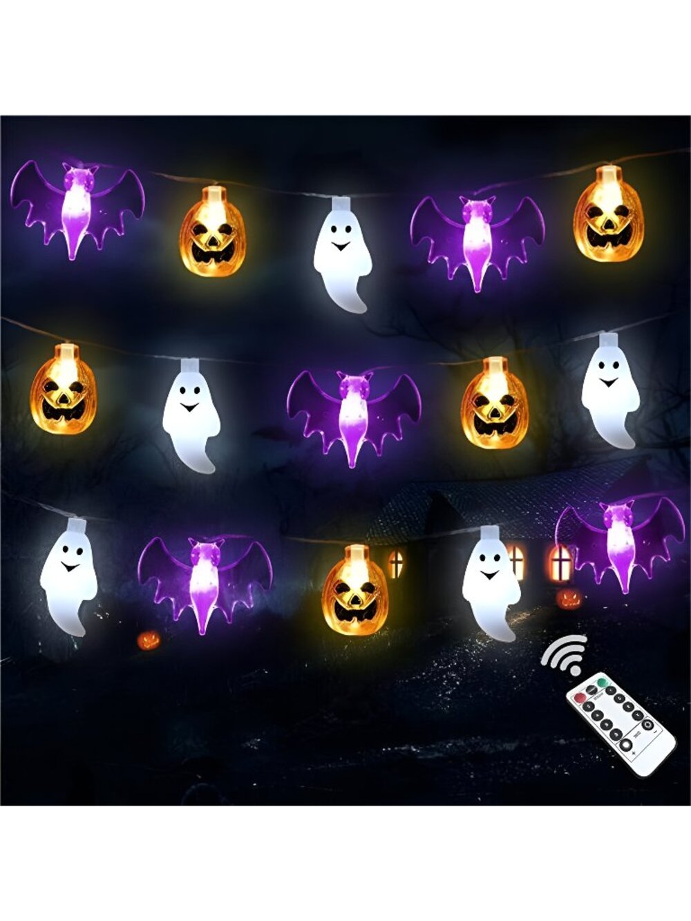 Halloween Lights, 16FT 30 LED Waterproof 3D Pumpkin Bat Ghost Battery Operated